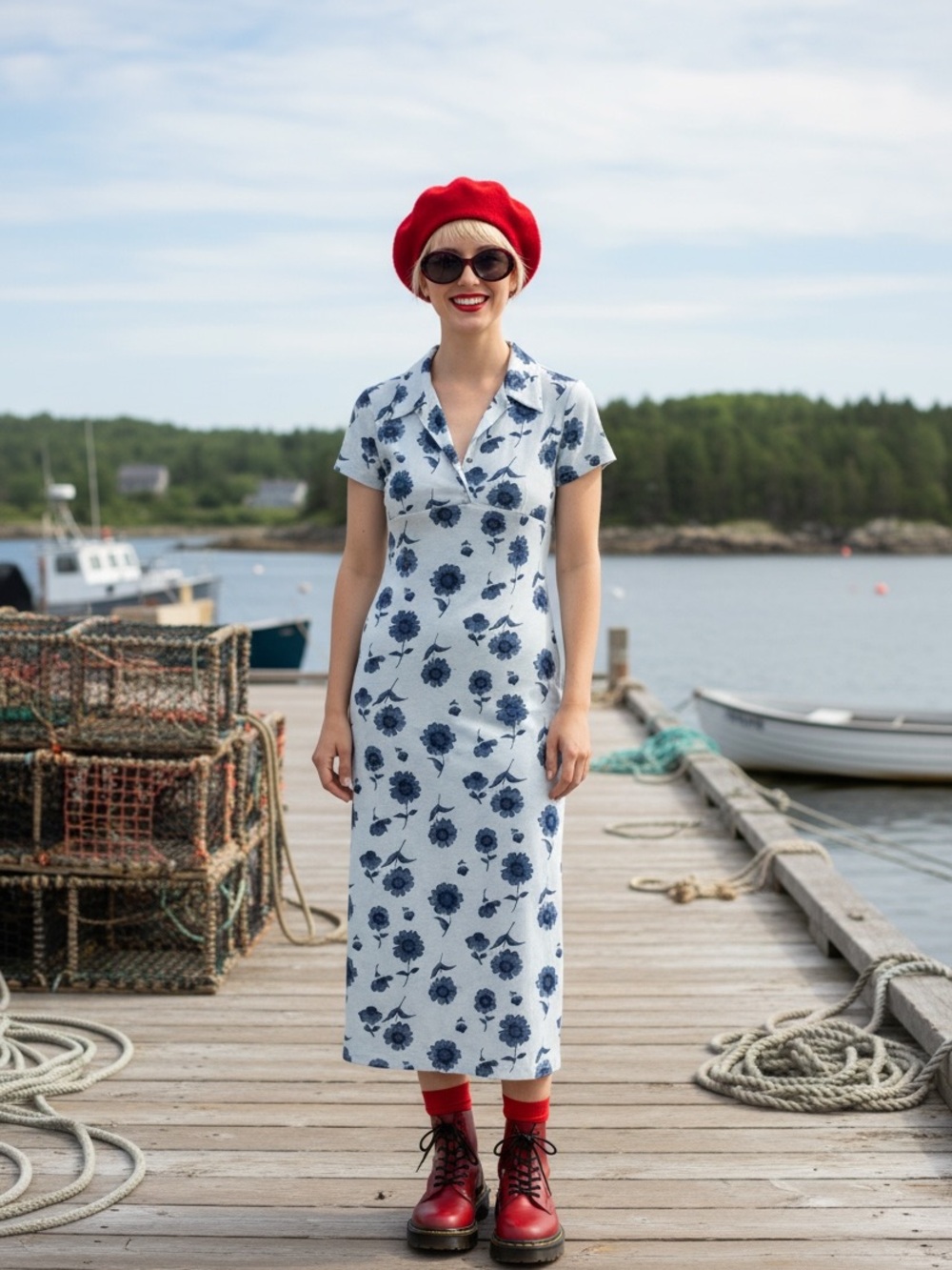 Up Front 90s Vintage Blue Floral Maxi Dress with Red Accents